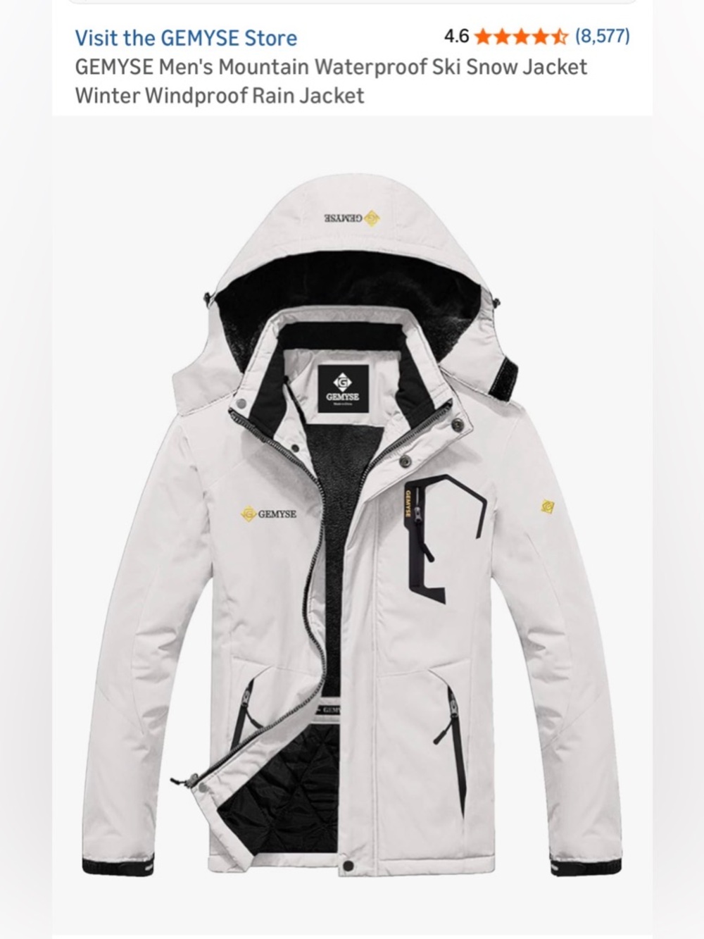 GEMYSE Men’s White Waterproof Ski Jacket with Black Trim